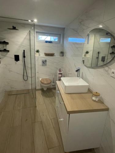 a bathroom with a sink and a shower at Sable d or wissant in Wissant
