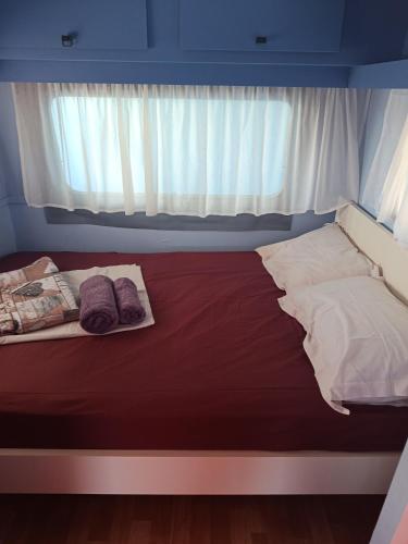 a bed in a room with a window at blue caravan in Nea Potidaea