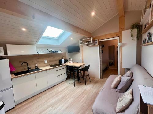 a small kitchen and living room in a tiny house at Logement indépendant dans villa direct plage Lac Leman Evian in Publier