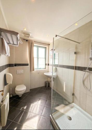 a bathroom with a shower and a toilet and a sink at Villa Parma in Maribor Self check - in in Maribor