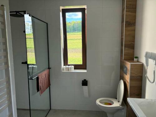 a bathroom with a toilet and a window at Biała Ostoja 517-539-965 in Berezka