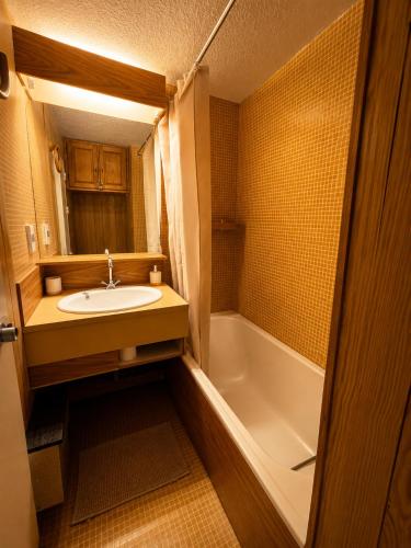 a bathroom with a sink and a bath tub at Cozy studio balcon et parking in Font-Romeu