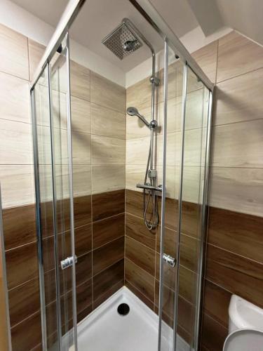 a shower with a glass enclosure in a bathroom at Apartmán Kunratice 2 in Kunratice