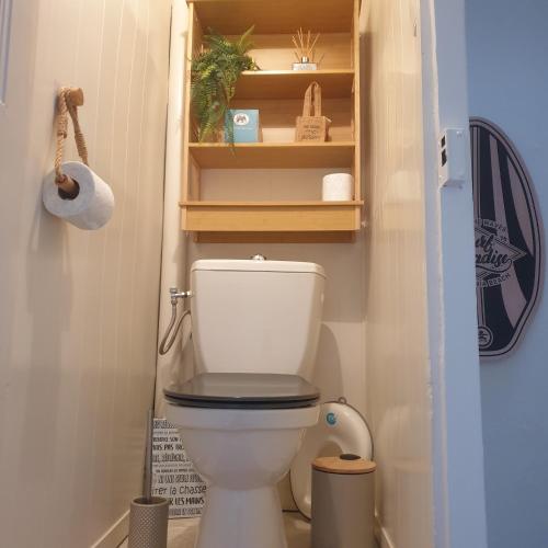 a bathroom with a white toilet with wooden shelves at La Villa Turquoise in Le Tréport