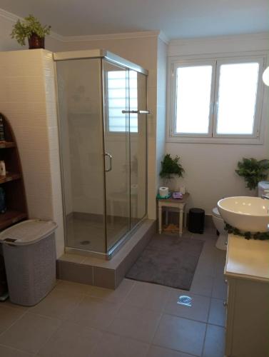 a bathroom with a shower and a sink at SG House in Bolátion