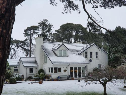 a white house with snow on the ground at Drumee Lodge boutique B and B, Newcastle, County Down in Newcastle