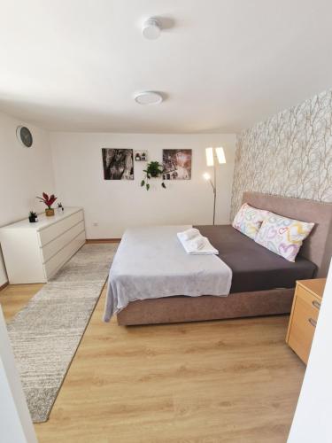 a bedroom with a king sized bed and wooden floors at Villa Bavaria in Ritopek