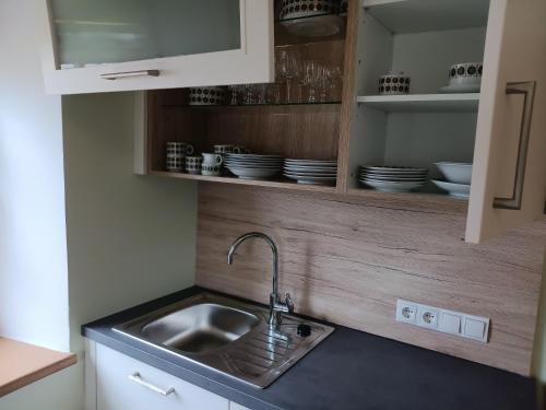 a kitchen with a sink and a counter with dishes at Biohof Fötschl in Tamsweg