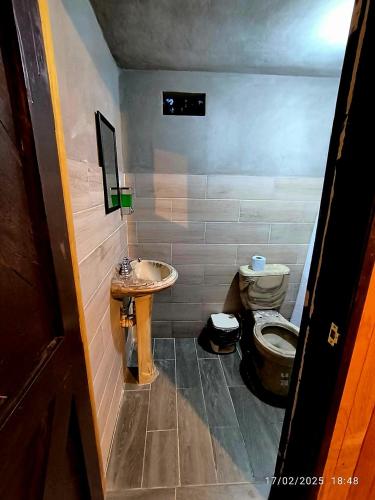 a bathroom with a sink and a toilet at Cabaña Nido de Niebla en San José del Pacífico in San Jose del Pacifico