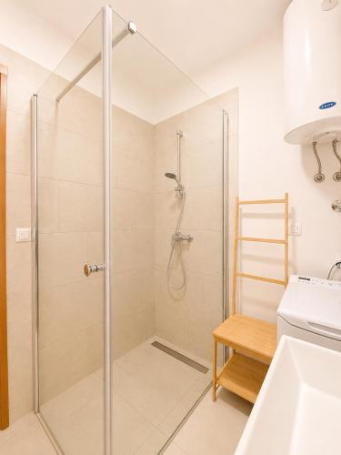 a shower with a glass door in a bathroom at Casa Sol Maris in Novigrad Istria