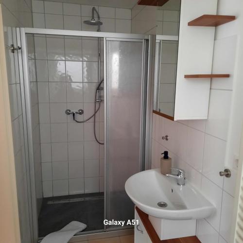 a bathroom with a shower and a sink at Haus Broni in Prem