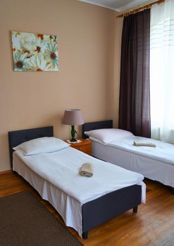 two beds in a room with a window at Agroturystyka Dwie Podkowy in Trzebiatów