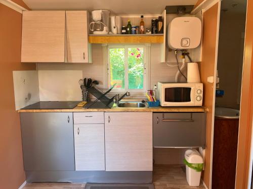 a small kitchen with a sink and a microwave at Mobil home devant un grenadier in Gémenos