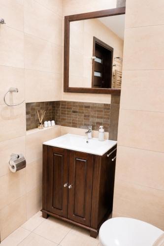 a bathroom with a sink and a mirror at Apartament Bukovy Wisła in Wisła