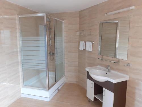 a bathroom with a shower and a sink at Pensiunea Cionca str 1 Decembrie 1918 nr 466 in Gilău