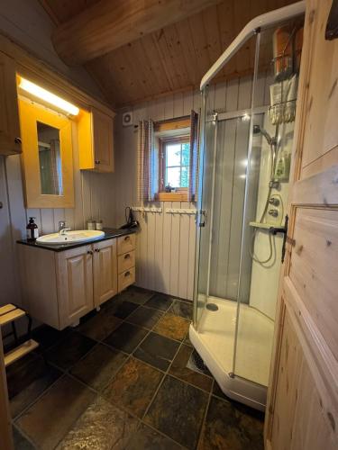 a bathroom with a shower and a sink at Cabin in Tuddal in Hjartdal