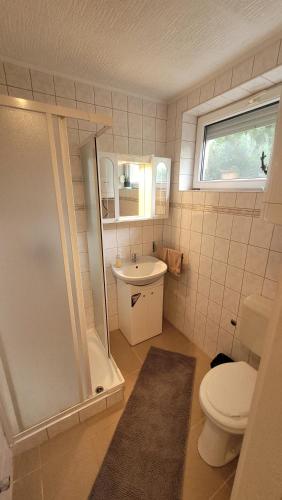 a bathroom with a toilet and a shower and a sink at Kicsi Rigó Vendégház in Bogács