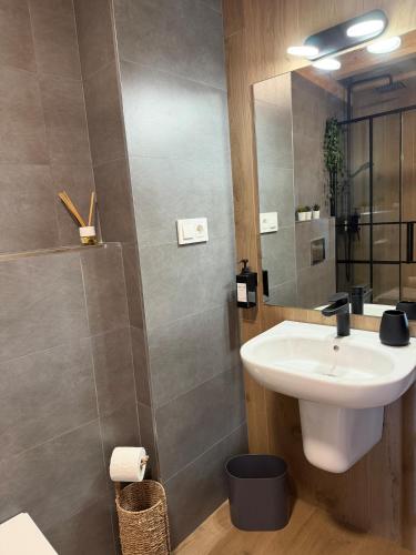 a bathroom with a sink and a mirror at El Rincón de María II in Torrecilla en Cameros