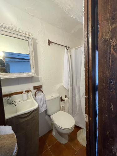 a bathroom with a white toilet and a sink at Ca'n Baster 1878 in Juncosa
