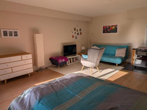 a bedroom with a bed and a couch and a television at Ferienwohnung am Waldrand, Hitzacker in Hitzacker