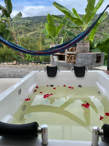 a bath tub with flowers in it with a view at Villa Milú Refugio boutique in Guaduas