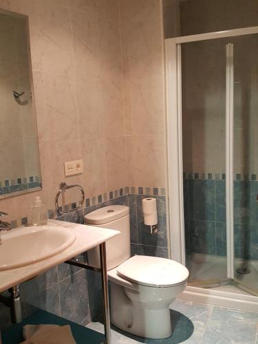 a bathroom with a toilet and a sink and a shower at HOTEL RURAL San Pedro in Frómista