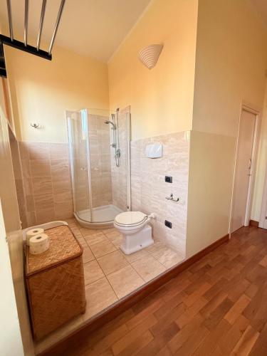 a bathroom with a shower and a toilet in it at Relax on the Sea in Pizzo