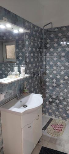 a bathroom with a sink and a shower at Ánizs Apartmanház in Makó