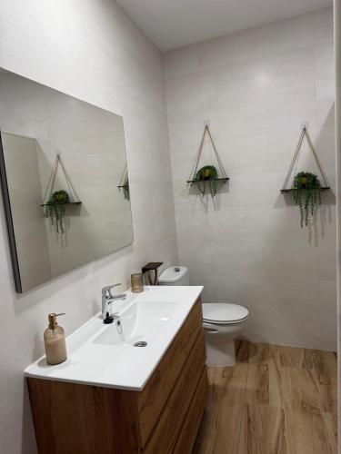a bathroom with a sink and a toilet and a mirror at Casa Pedro in Almodóvar del Río