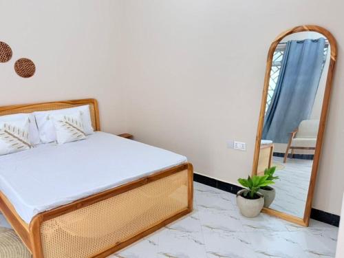 a bedroom with a bed and a mirror at Rocky Apartment Zanzibar in Zanzibar City