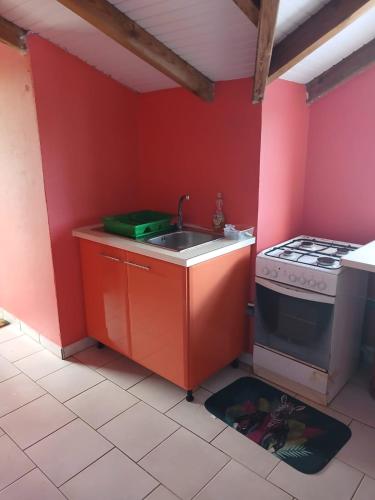 a red kitchen with a sink and a stove at Le Paradis in Capesterre-Belle-Eau