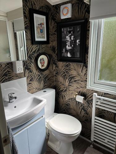a bathroom with a toilet and a sink at Luxury 2 Bed Caravan With Decking - Sleeps 4 - at Broadland Sands Park in Lowestoft