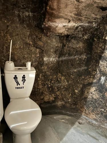 a bathroom with a toilet in front of a stone wall at Au bonheur de LILI in Fontaine-de-Vaucluse
