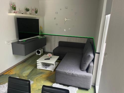 a living room with a couch and a clock on the wall at Apartment Romeo & Julija, Near terme Olimia, Free Parking, AC, Free Wifi in Podčetrtek