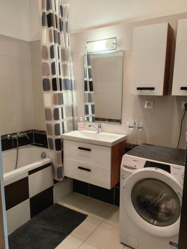 a bathroom with a washing machine and a sink at Apartment J&D in Dunajská Streda