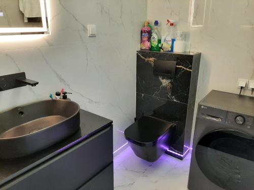 a bathroom with a sink and a washing machine at ApartamentyDiana in Pogórze