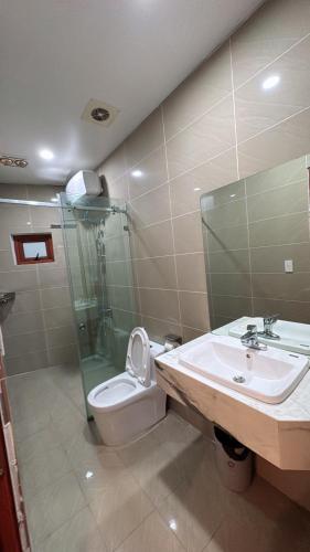 a bathroom with a sink and a toilet and a shower at 05 Homestay Cinema in An Khê