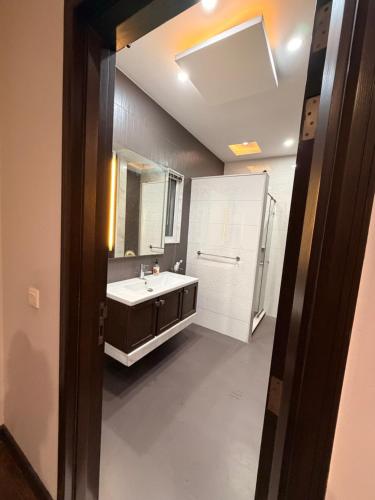 a bathroom with a sink and a large mirror at Private villa in Lahore
