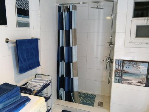 a shower with a blue and white shower curtain at River House Lodge in Luxor