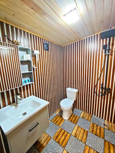a bathroom with a white toilet and a sink at Glass House Merisi 2 in Merisi