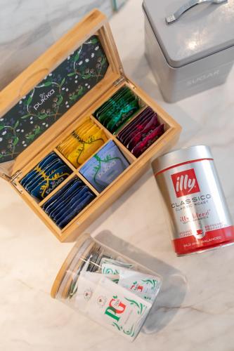 a wooden box of paint sitting on top of a counter at Crescent Mews in Bath