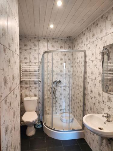a bathroom with a shower and a toilet and a sink at Dom Rybaka Bobolin in Bobolin