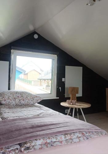 a bedroom with a large bed and a window at Domki Ale Góry Beskid Żywiecki Korbielów in Korbielów