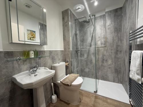 a bathroom with a toilet and a sink and a shower at Ashburton Court Guest House in Ashburton