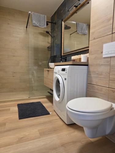 a bathroom with a toilet and a washing machine at Central Urban Studio with Underground Parking in Târgu-Mureş