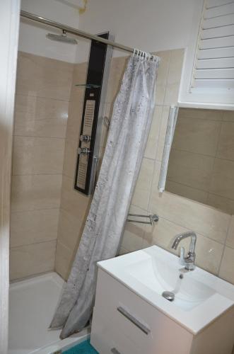 a bathroom with a shower and a sink and a tub at Kaz Gwayav Dous in Gros-Morne