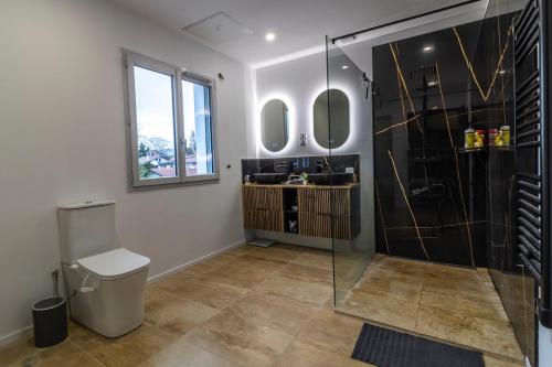 a bathroom with a shower and a toilet and mirrors at villa avec piscine in Hendaye