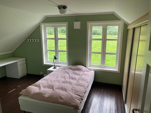 a bedroom with a bed and two windows at Feriehus Lærdal in Æri