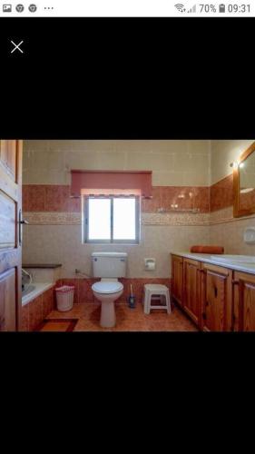 a bathroom with a toilet and a sink and a window at Gozo Apartment - Sannat in Sannat
