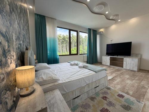 a bedroom with a bed and a flat screen tv at Kaya Telavi in Telavi